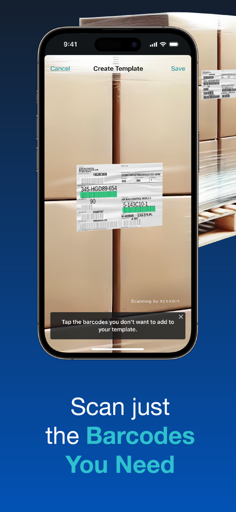 Smartphone screen demonstrating the selection of specific barcodes on a shipping label using Scandit SDK.