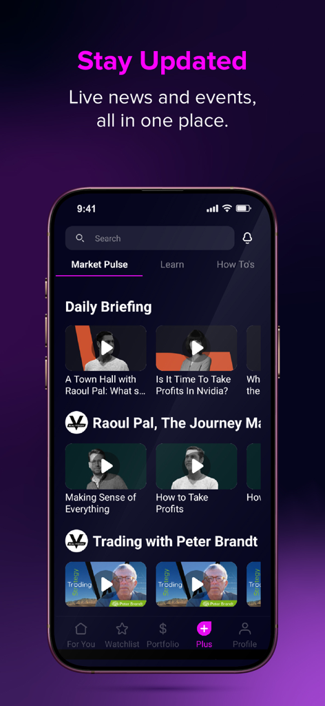 Écran Market Pulse de l'application amana montrant des actualités financières et des aperçus vidéo d'experts