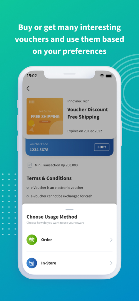 TADA - Memberships & Rewards - Mobile screen showing a TADA app free shipping voucher with options to use for orders or in-store.