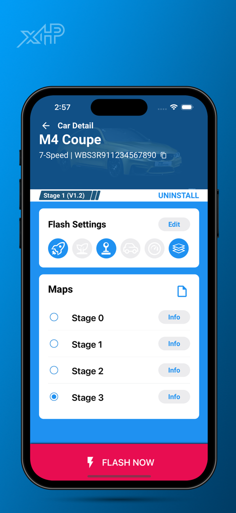 xHP Flashtool app interface showing transmission tuning maps and flash settings for a BMW M4 Coupe