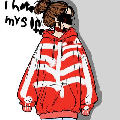 realistic girl with a oversized sweatshirt on and a bun