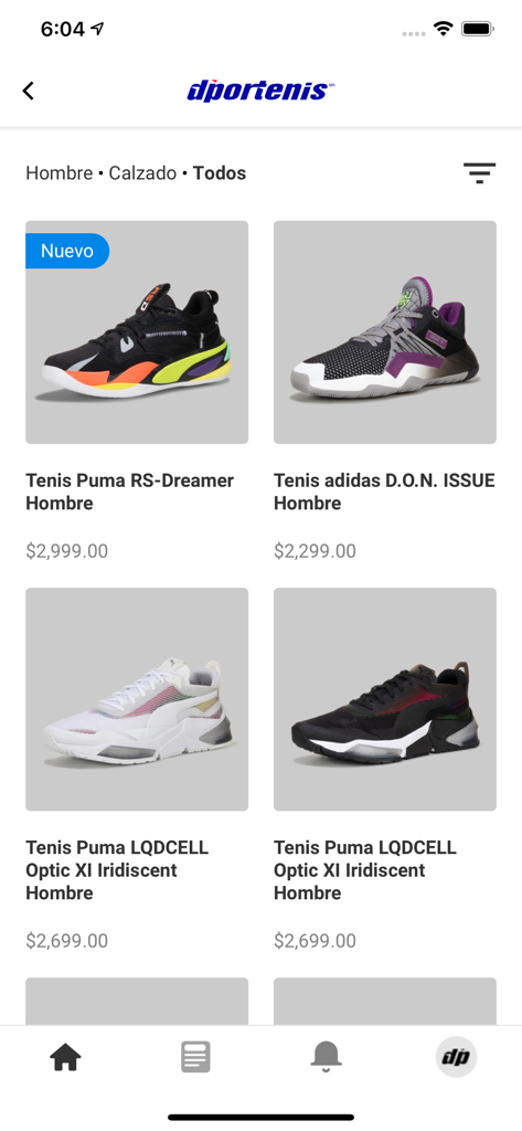 dp - Interfaz de la app móvil de dportenis que muestra una selección de zapatillas deportivas para hombre de Puma y Adidas con precios.