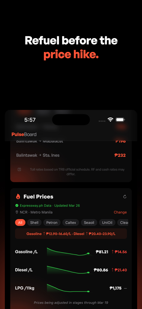 PulseBoard app screen showing fuel price tracking and toll fees for the Philippines