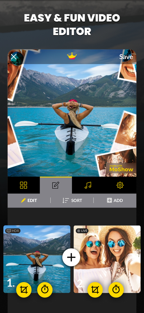 MoShow Slideshow Maker Video - L'interface de l'application MoShow montrant des outils de montage vidéo faciles pour créer des diaporamas pour les réseaux sociaux à partir de photos
