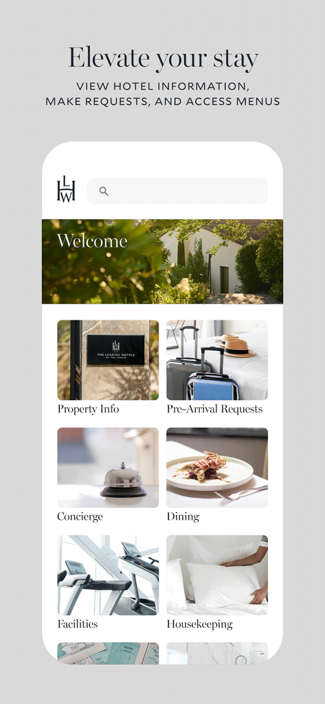 コンシェルジュ、ダイニング、到着前のリクエストオプションを示すリーディングホテルアプリのメニュー