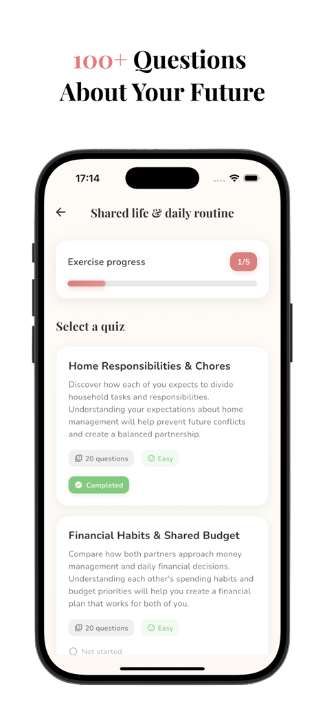 Before Yes app screen showing marriage preparation quiz topics for shared life and daily routine