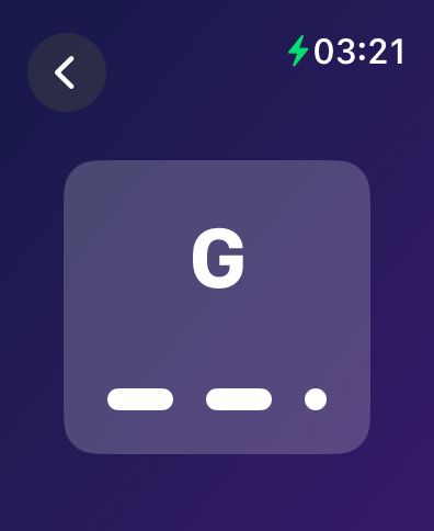 Pantalla de práctica de código Morse para la letra G que muestra dos rayas y un punto