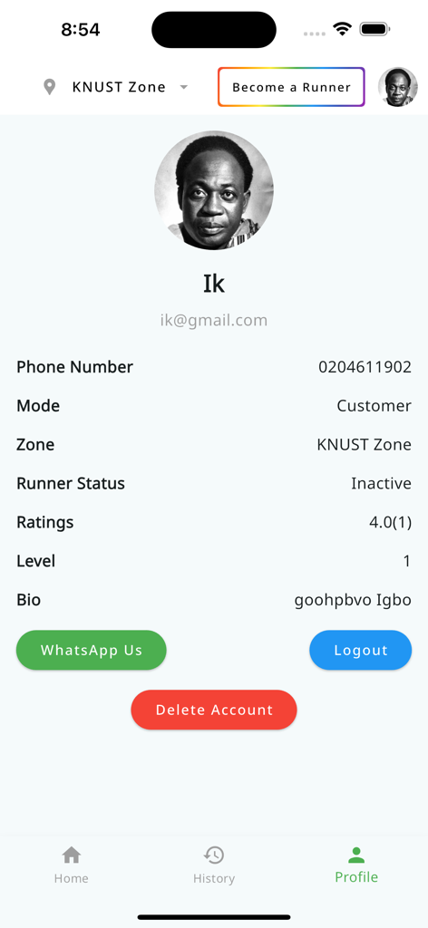 Errand-Earn - Benutzerprofil-Oberfläche der Errand-Earn App, die Kontoinformationen wie Telefonnummermodus und Bewertungen anzeigt