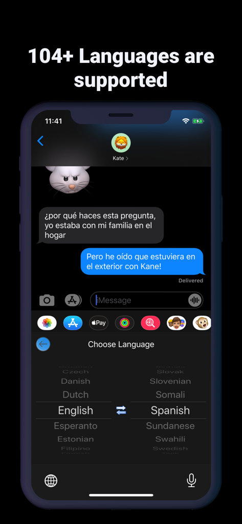 Interface de Translate Keyboard for Chat montrant la prise en charge de plus de 104 langues