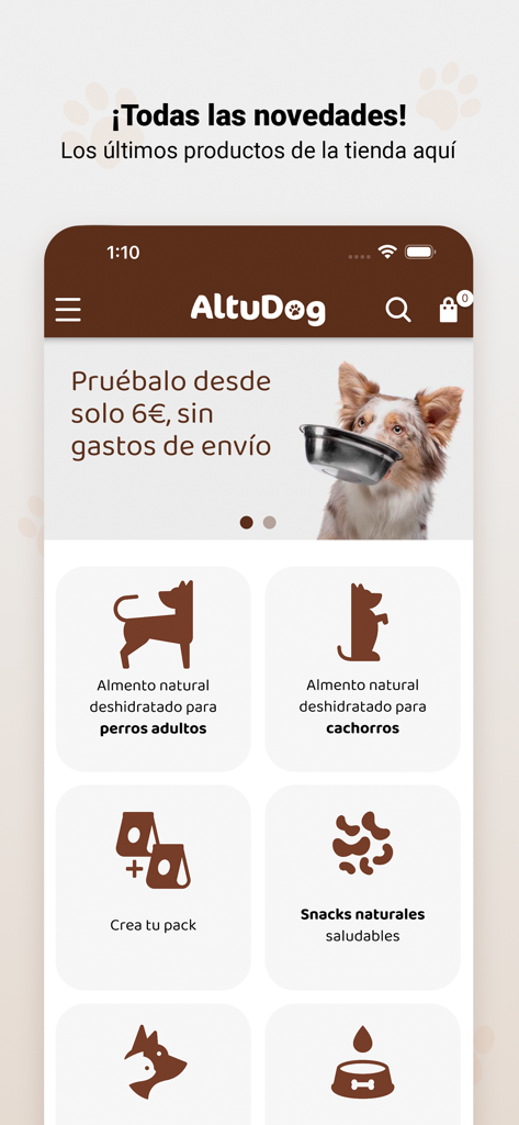 Interfaz de la app móvil AltuDog que muestra comida natural deshidratada para perros adultos y cachorros.