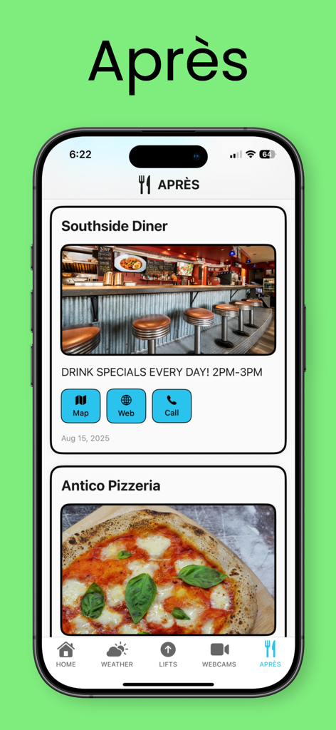 Gorby Gap app interface showing local Whistler restaurant recommendations for apres-ski snacks and drinks