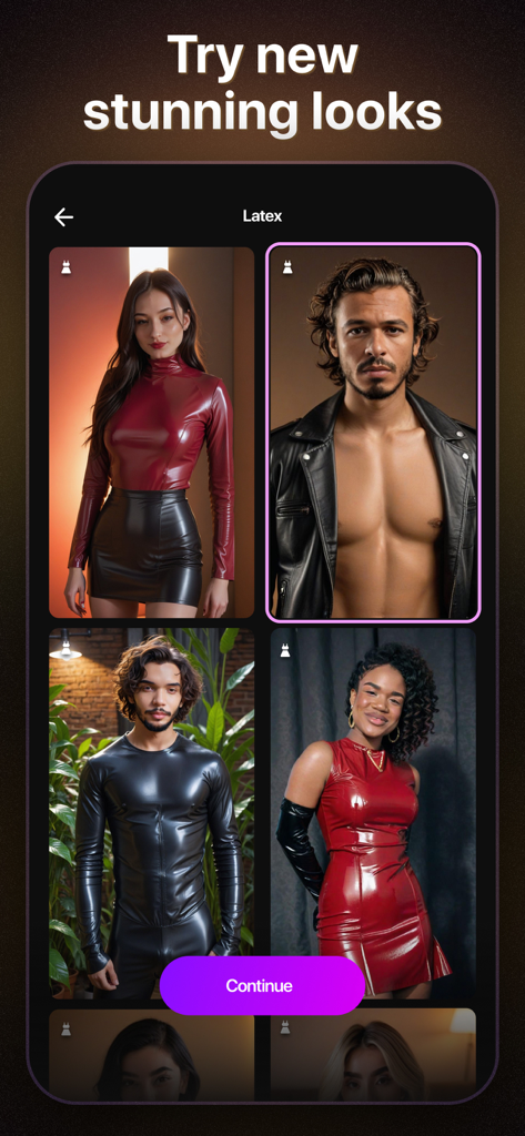 AI Boost app interface showing a gallery of AI-generated latex fashion outfits for men and women.