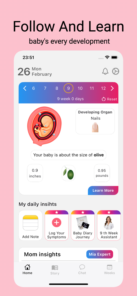 Count the Kicks - Kick Counter - Mia app interface showing pregnancy progress at week 9 with baby size comparison to an olive