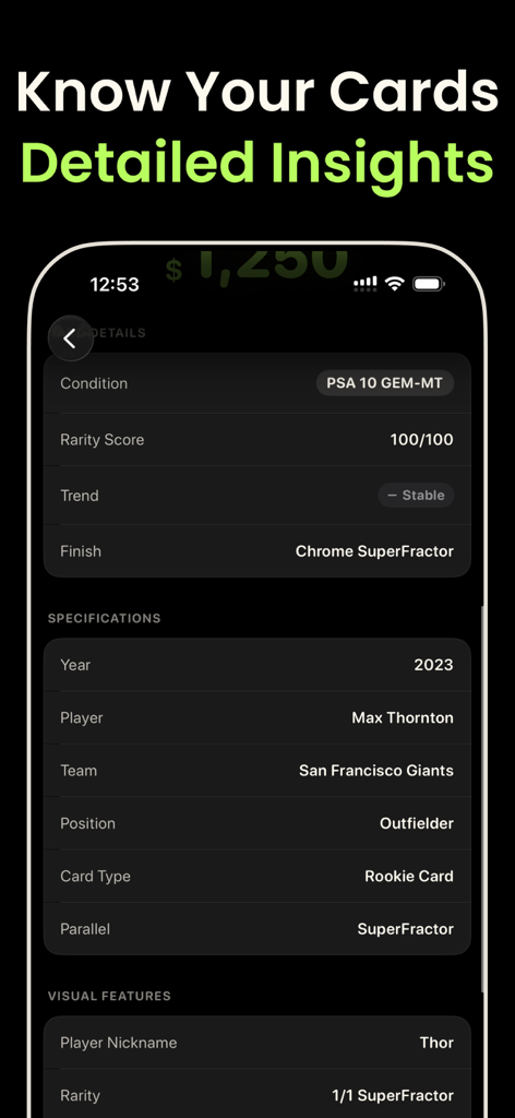 A detailed insights screen from the CardLens app showing the market value and specifications of a 2023 Max Thornton rookie card.