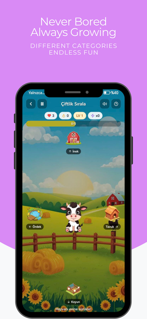 Reflexly - Brain Training - A screenshot of the Farm Sort game in the Reflexly Brain Training app showing a cartoon farm with a cow