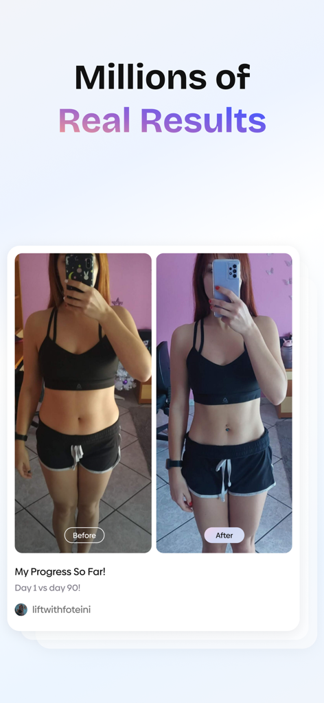 Before and after fitness transformation photos showing 90 day progress.