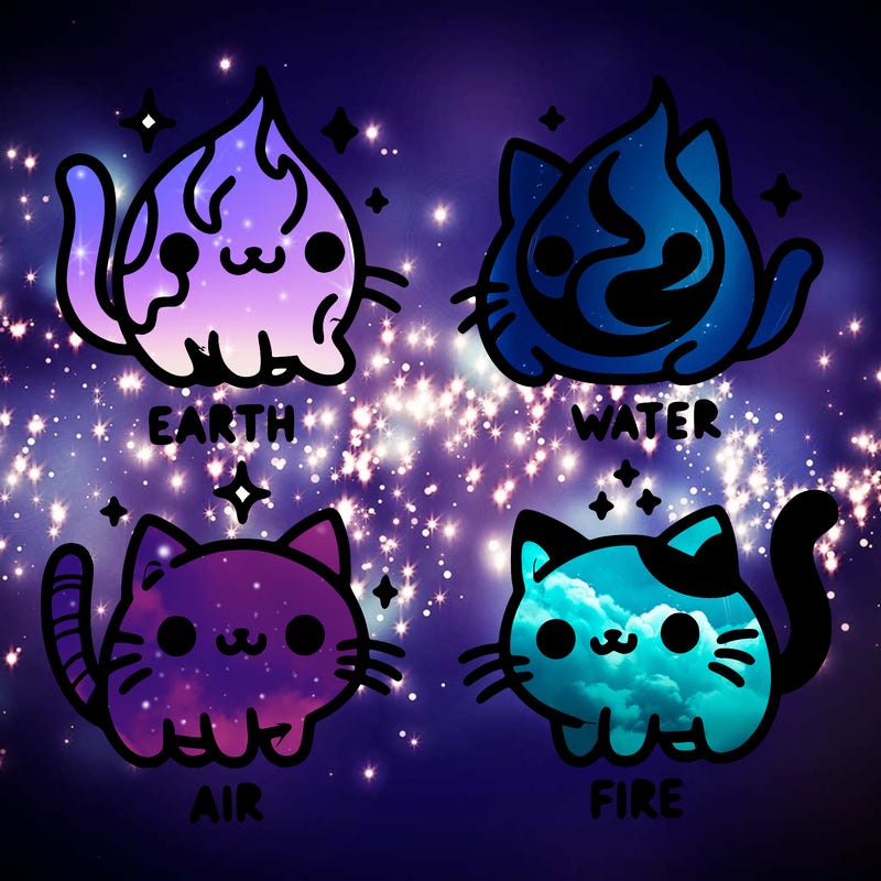 4 cats that represent the different elements, earth, water, air, and fire
