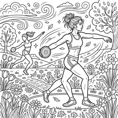 Experience the thrill of spring athletics with this vibrant coloring page featuring powerful discus throwers. Immerse yourself in a blooming landscape and bring this dynamic scene to life with your favorite colors.