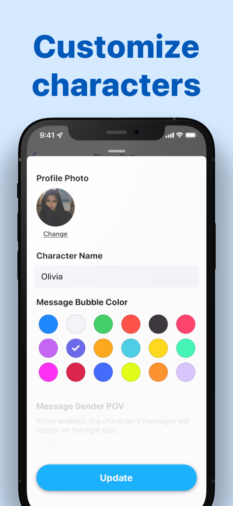 Text Story Maker - ChatTales - Olivia의 이름 입력, 프로필 사진, 메시지 말풍선 색상 옵션 그리드가 있는 ChatTales의 캐릭터 사용자 지정용 모바일 앱 화면.