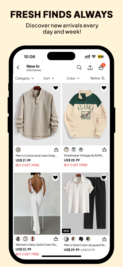 ZAFUL - My Fashion Story - 男女向けの毎日の新作ファッションカタログが表示されたZAFULモバイルアプリのインターフェース