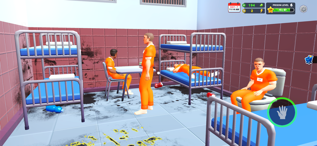 Prison Real Simulator - Inmates in orange jumpsuits in a dirty prison cell with bunk beds and a toilet
