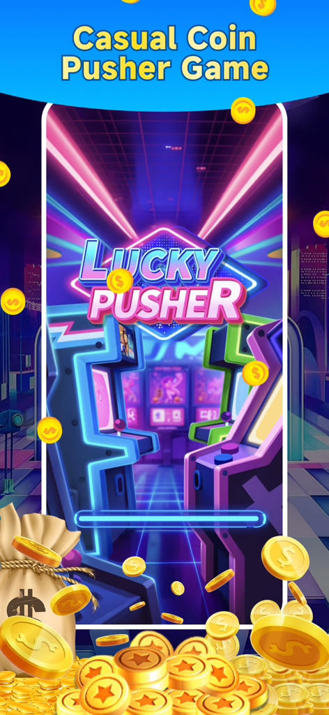 Lucky Pusher: Coin Dozer Game - Lucky Pusher Coin Dozer Game promotional screen with neon arcade machines and golden coins