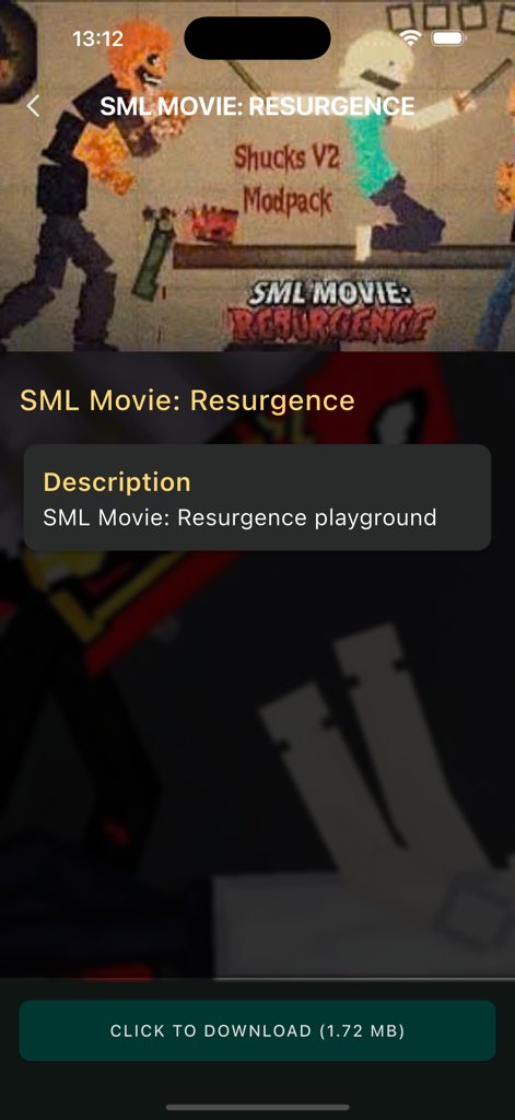 HD Melmods Sandbox Mod - SML Movie Resurgence modpack preview and download button in the HD Melmods app