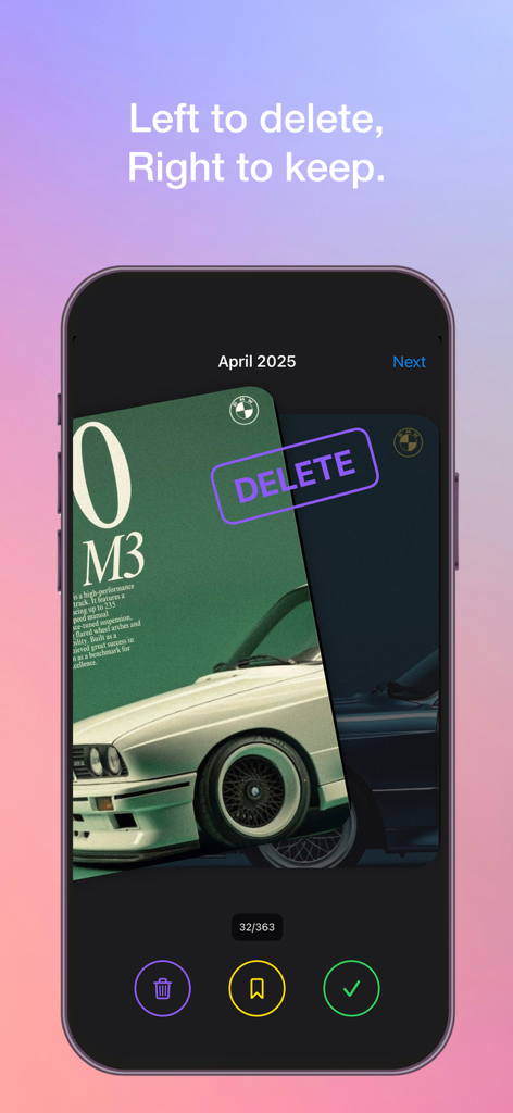 Swipe to Clean — cln. - Smartphone screen displaying the cln app interface with a photo card being swiped left to delete.