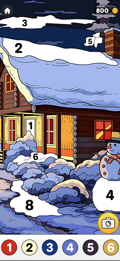 Paint Book Christmas Edition - A color by number interface showing a snowy winter cabin and a snowman at night