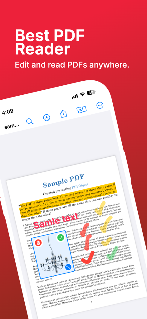 PDF Reader Pro: Scan & Sign - A mobile screenshot showing a PDF document being edited with text highlights and an image insertion tool within the PDF Reader Pro app.