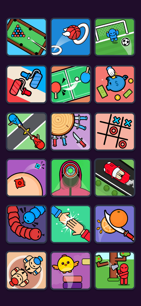 Two Player Game: 1v1 Challenge - Una griglia che mostra vari mini-giochi disponibili nell'app Sfida 1v1 per due giocatori