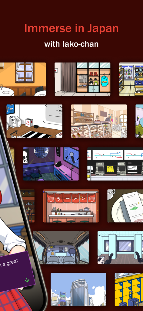 iago - Learn Japanese - A collage of illustrated real-world locations in Japan used for language learning scenarios in the iago app.