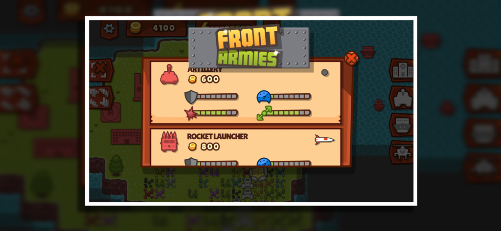 Front Armies RTS menu showing artillery and rocket launcher unit stats