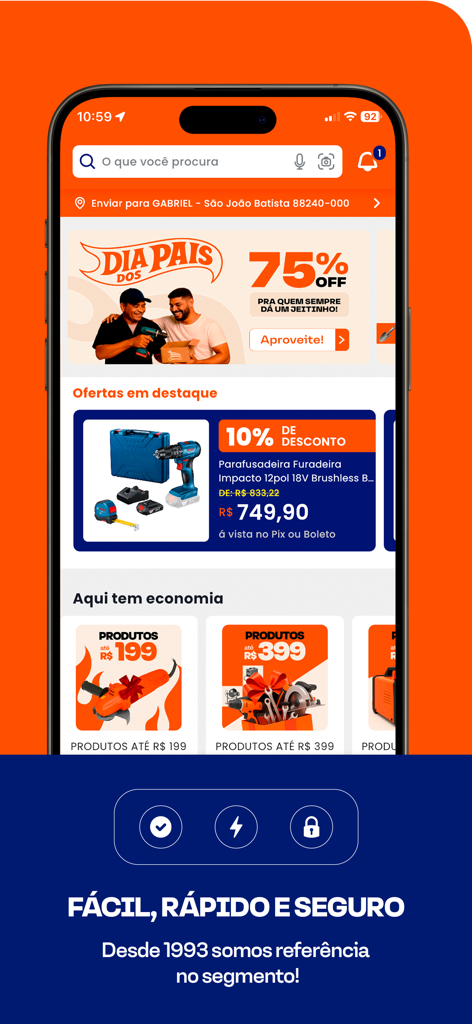 Pantalla de inicio de la app móvil de Loja do Mecânico con ofertas de herramientas eléctricas y banners promocionales.
