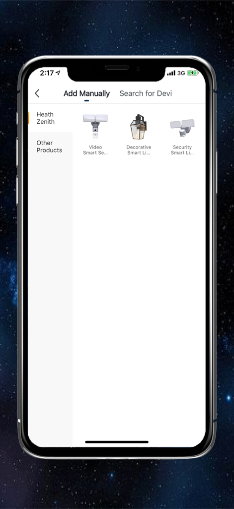 SECŪR360 app interface for manually adding smart video and decorative lighting devices