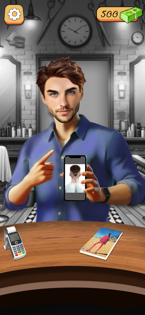 Barber Shop Games Hair Tattoo - Um cliente masculino em um jogo de barbearia mostrando um design de tatuagem de cabelo em seu telefone.