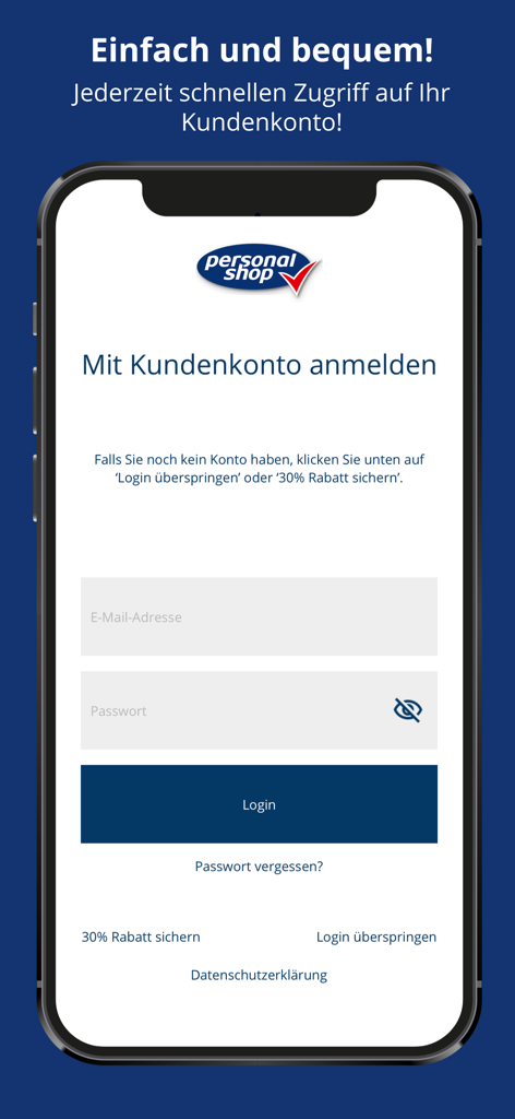 Personalshop Schweiz - Pagina di accesso dell'app mobile Personalshop Svizzera con campi di inserimento per email e password