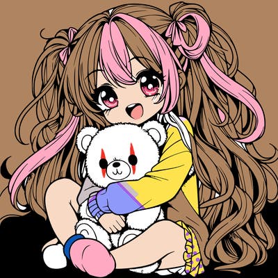 manga girl, long curly hair, happy, cuddling a teddy bear