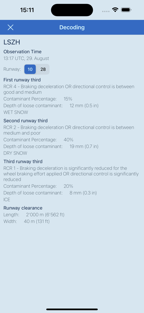 Winter OPS - Winter OPS app interface displaying decoded SNOWTAM data and runway condition reports