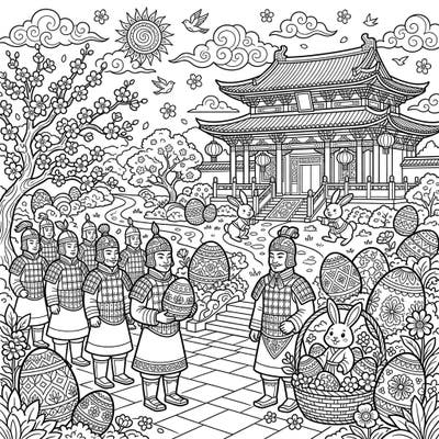 Embark on a truly unique coloring journey where the grandeur of the Qin Dynasty meets the playful spirit of Easter. This intricate page features Terracotta-style warriors alongside whimsical bunnies and beautifully decorated eggs.