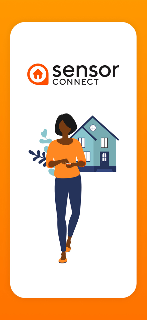 A woman using the Sensor Connect app on her phone in front of an illustrated house