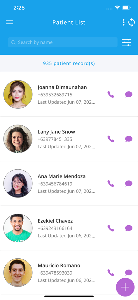 Patient list interface of the My Dental Clinic app showing patient names and contact options