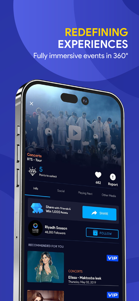 VUZ: Live 360 VR Videos - VUZ app displaying an immersive 360 degree live concert experience on a smartphone