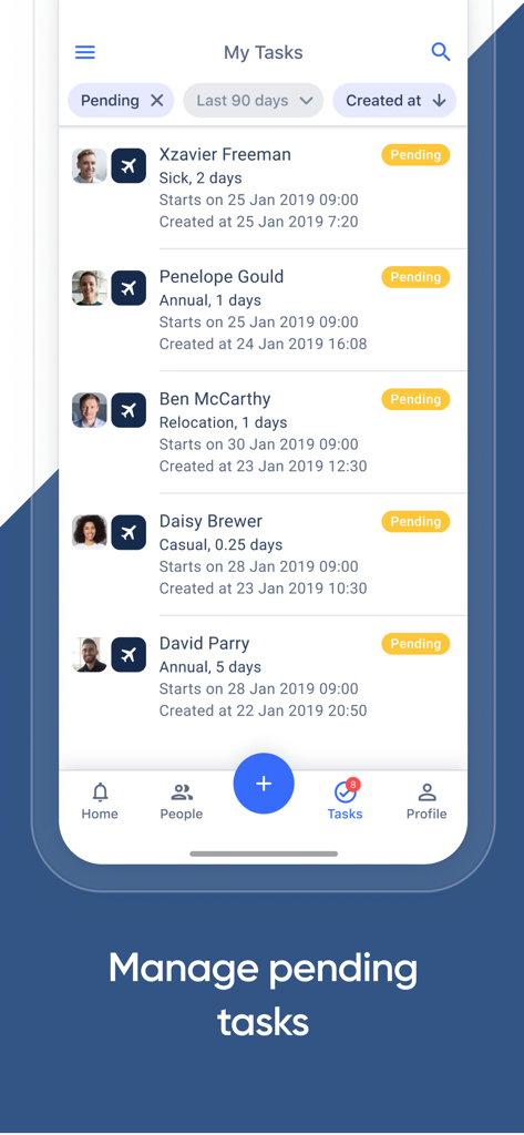Kolay - Interface móvel do aplicativo Kolay mostrando uma lista de solicitações de licença pendentes de funcionários para aprovação do gerente.
