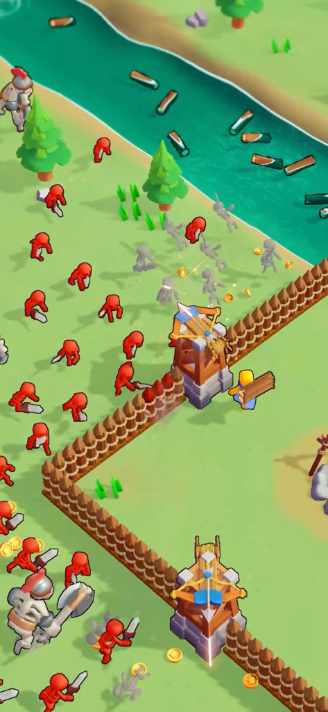 XP Hero - Gameplay isométrique de XP Hero montrant des ennemis bonhommes bâtons attaquant une fortification en bois avec des tours de défense et des balistes près d'une rivière.