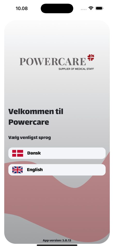 Welcome screen of the Powercare Vikar app with language options for Danish and English