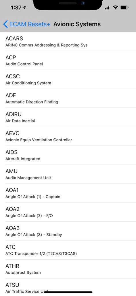 Airbus ECAM Resets+ - A menu within the Airbus ECAM Resets plus app displaying a list of avionic system abbreviations and descriptions