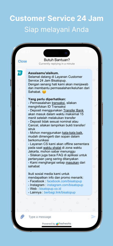Bisatopup | Agen PPOB Termurah - Bisatopup mobile app 24-hour customer support chat interface