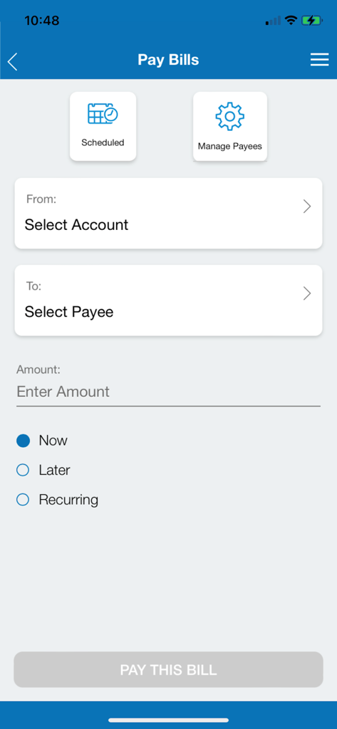 Pay Bills interface of the Coastal Community Credit Union mobile app showing account selection and payment scheduling options.