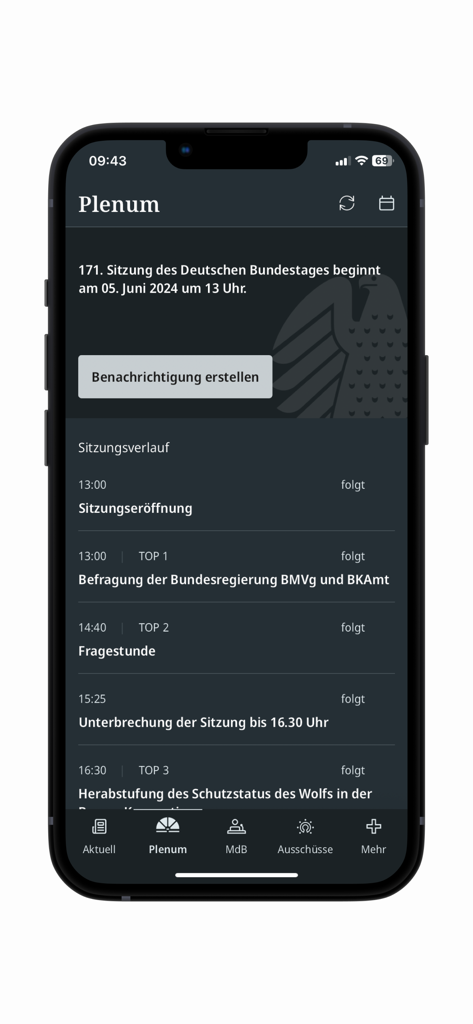 Deutscher Bundestag - 본회의 일정 및 안건을 보여주는 Deutscher Bundestag 앱의 스크린샷